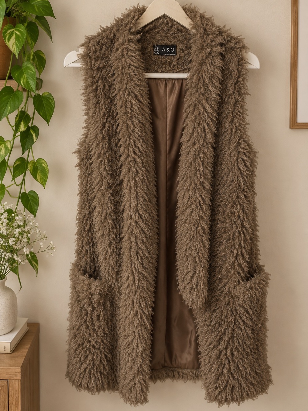 A&O International Long Shaggy Faux Fur Vest Khaki Taupe Open Front Boho